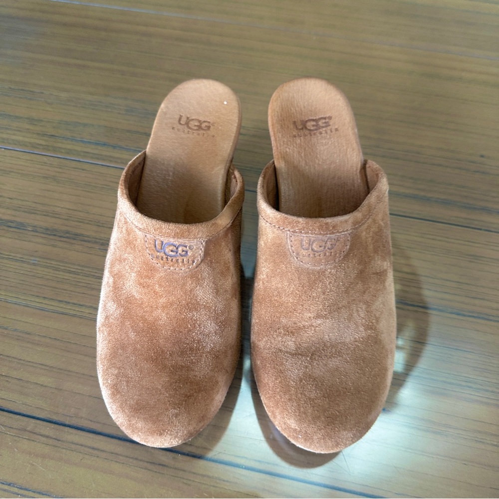UGG Abbie Woodhills Sheep Skin Suede Wood Heels Rubber Soles Clog Mules Platform - Picture 2 of 14